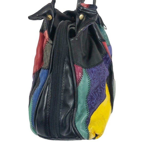 VINTAGE 80s Postmodern Multicolor Leather Patchwork Satchel Shoulder Bag - Picture 6 of 9